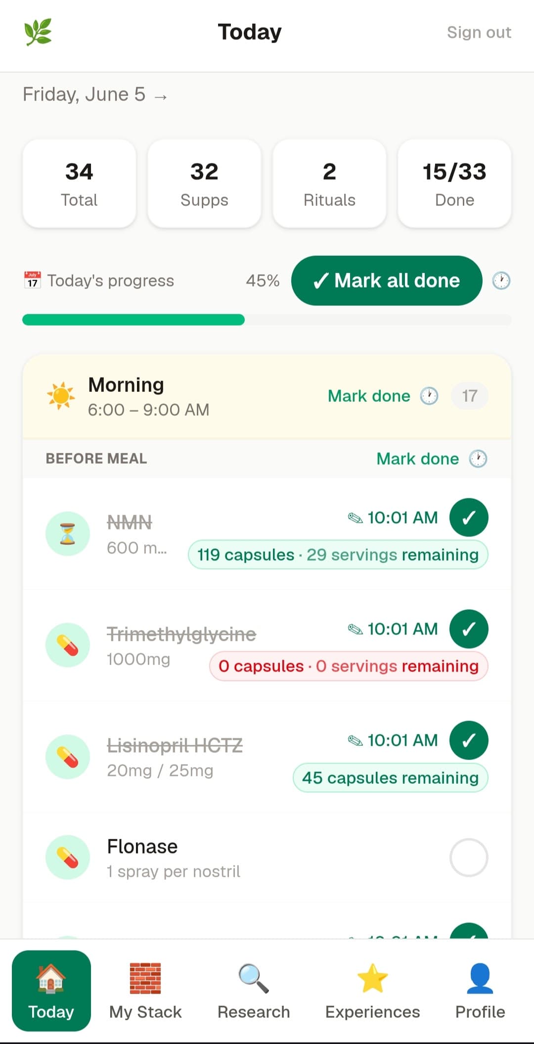 Stack Ritual app showing today's supplement stack with items being checked off